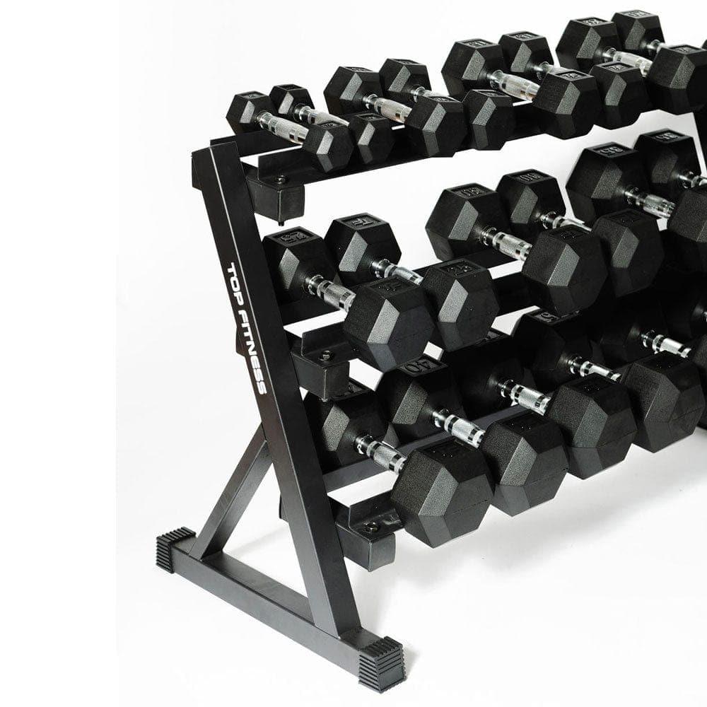 Top Fitness Rubber Hex Dumbbell Set | 5-50lbs with Folding Bench and Rack